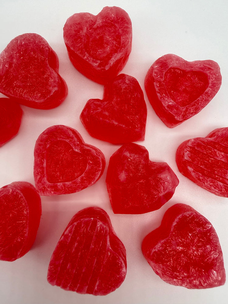 Eight handcrafted cherry crystal candy hearts (kohakutou) by The Crystal Pantry