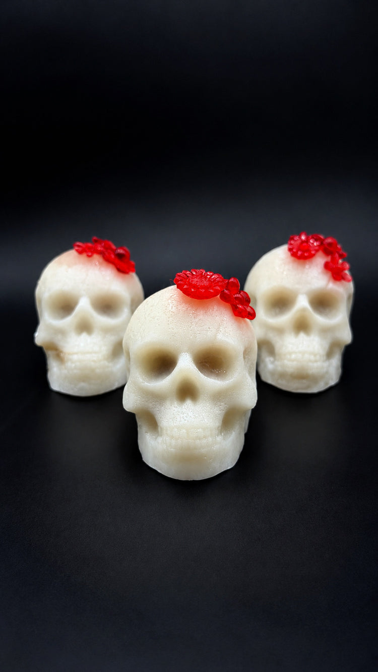 Raspberry Relic oversized white chocolate crystal candy skull with raspberry centre